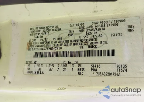 2005 Ford E-350 Super Duty Commercial/Recreational z USA, uszkodzony, nr VIN 1FTSE34S75HB42930